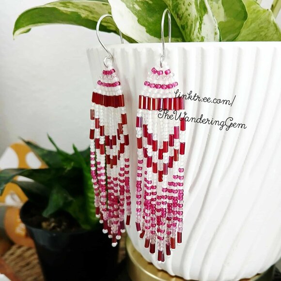 Boho Chic Beaded Fringe Cascade Dangle Earrings, Plum & White, 4" - Picture 8 of 8